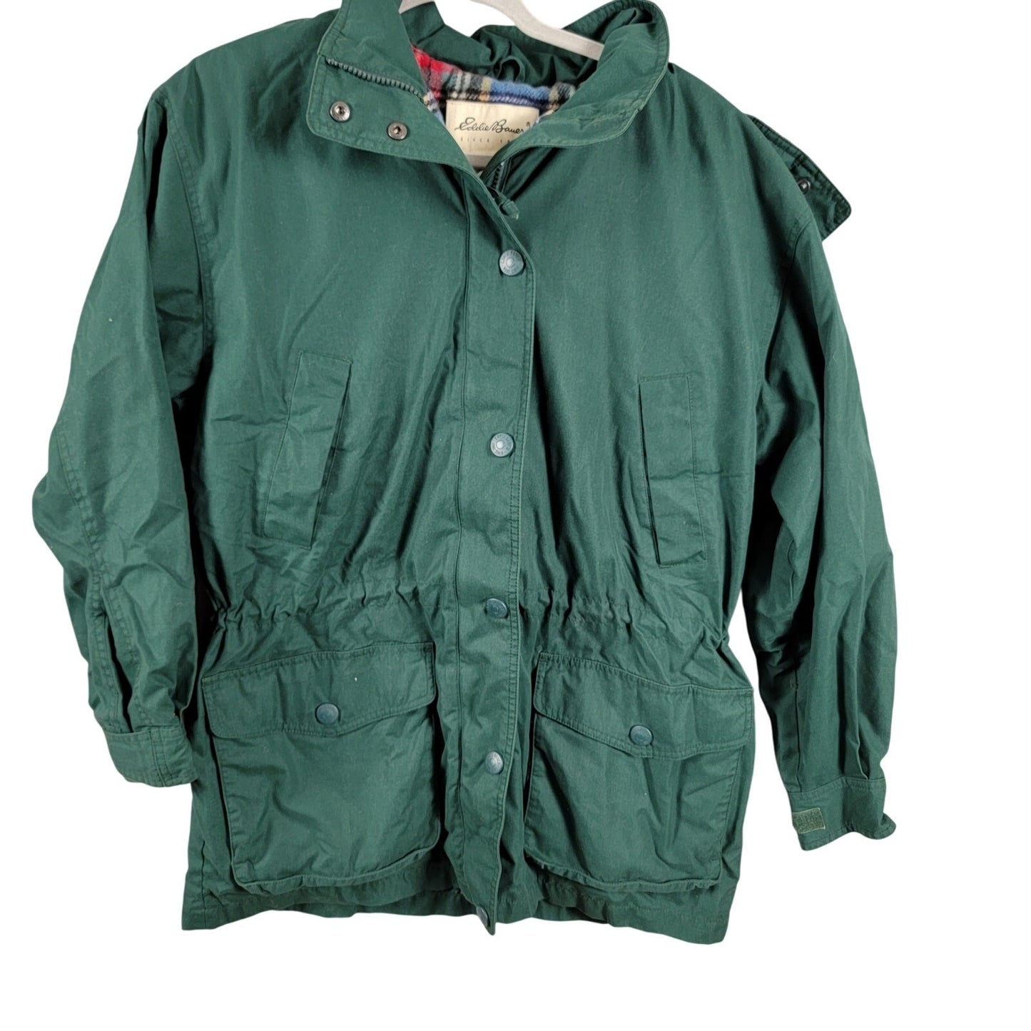 Eddie Bauer Women’s M Green Waxed Cotton Jacket Wool Lined Hooded Vintage 2140