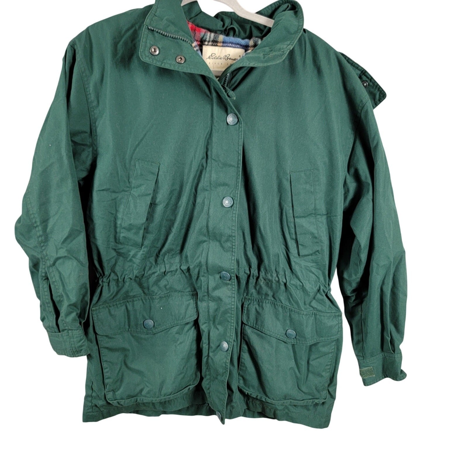 Eddie Bauer Women’s M Green Waxed Cotton Jacket Wool Lined Hooded Vintage 2140