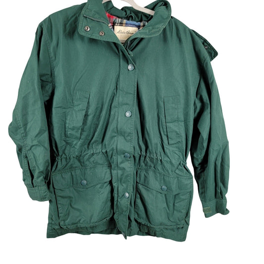 Eddie Bauer Women’s M Green Waxed Cotton Jacket Wool Lined Hooded Vintage 2140