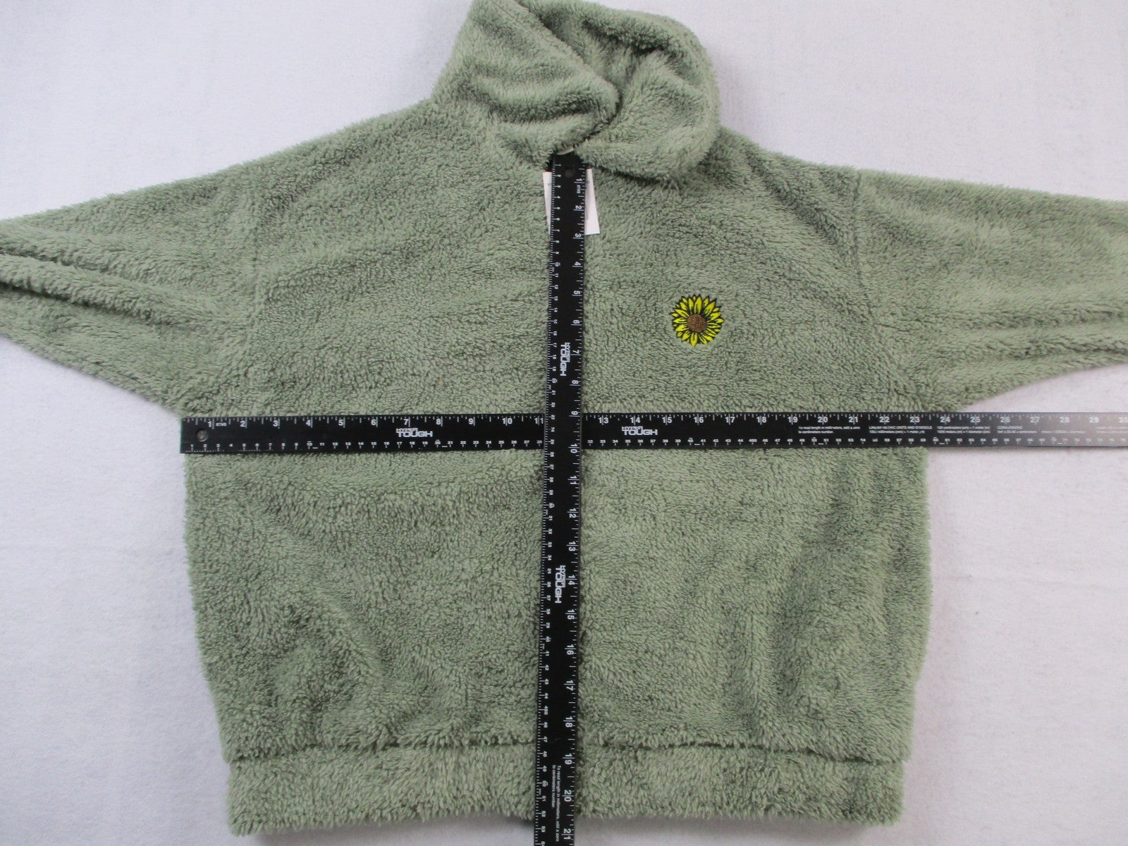 Cut & Paste Sunflower Sherpa Jacket Womens Medium Green Fleece Embroidered 13396