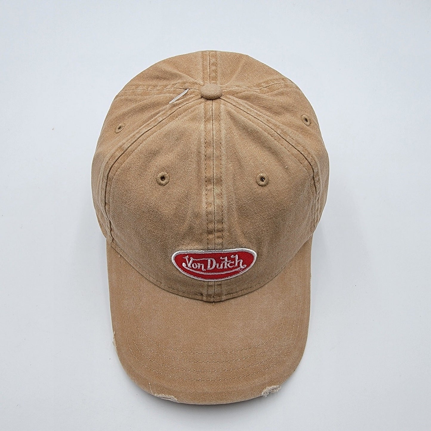 Von Dutch Distressed Denim Adjustable Dad Cap in Beige4