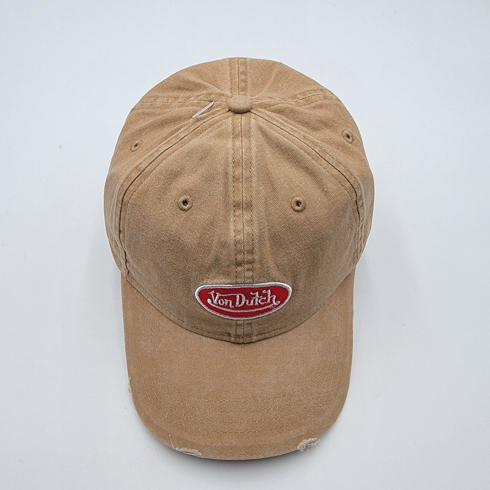 Von Dutch Distressed Denim Adjustable Dad Cap in Beige4