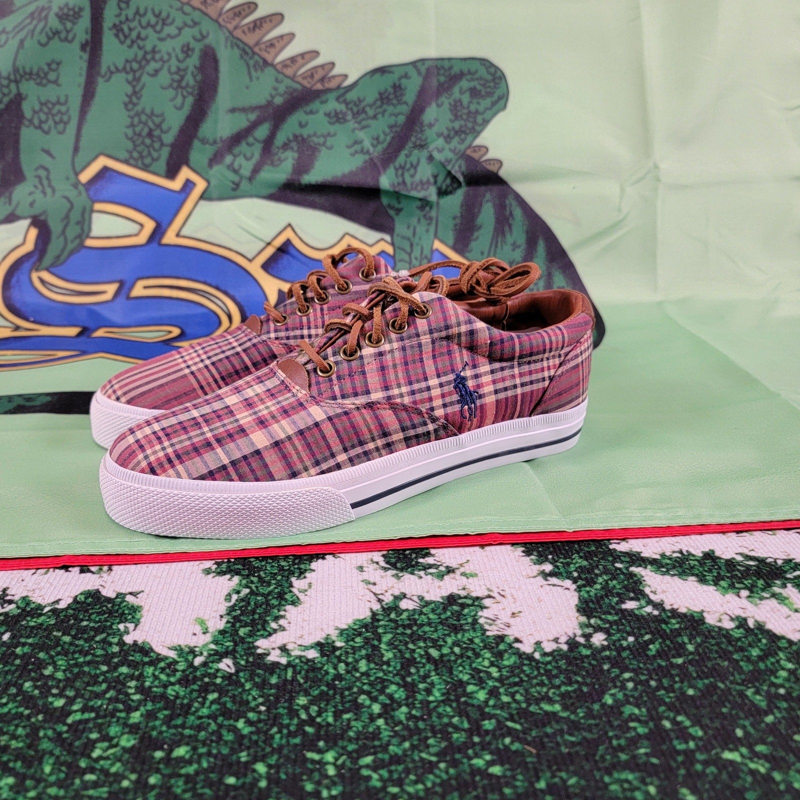 Ralph Lauren Polo Vaughn Boat Deck Shoes Wine Plaid Sz 8D0