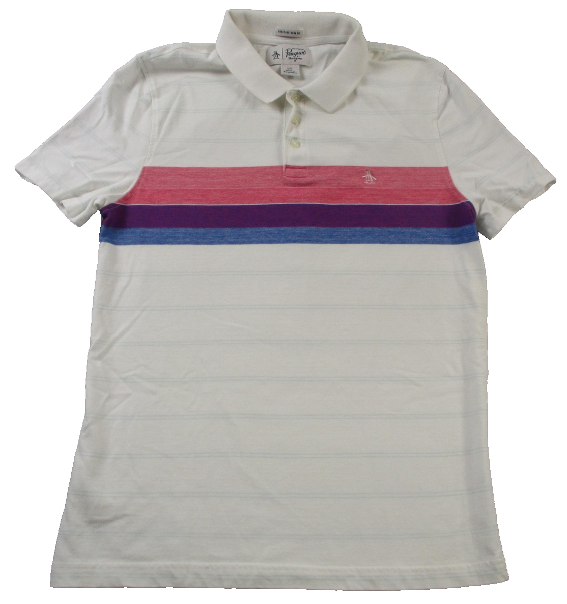 Original Penguin Polo Shirt Mens Large White Heritage Slim Fit Chest Stripe 16230