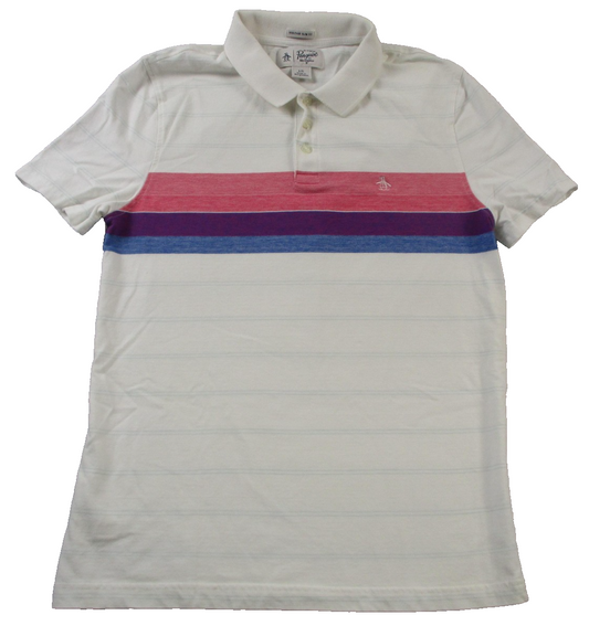 Original Penguin Polo Shirt Mens Large White Heritage Slim Fit Chest Stripe 16230