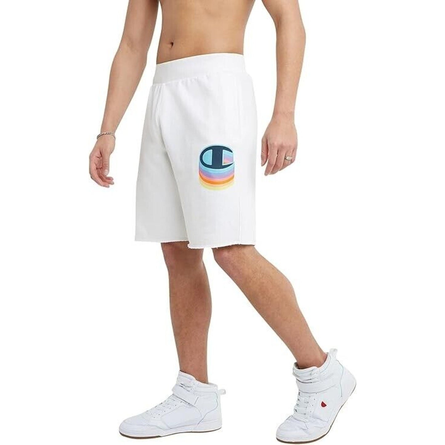 Men's Size L  Champion 10 Inch Reverse Weave C Shadow CutOff Shorts, White2