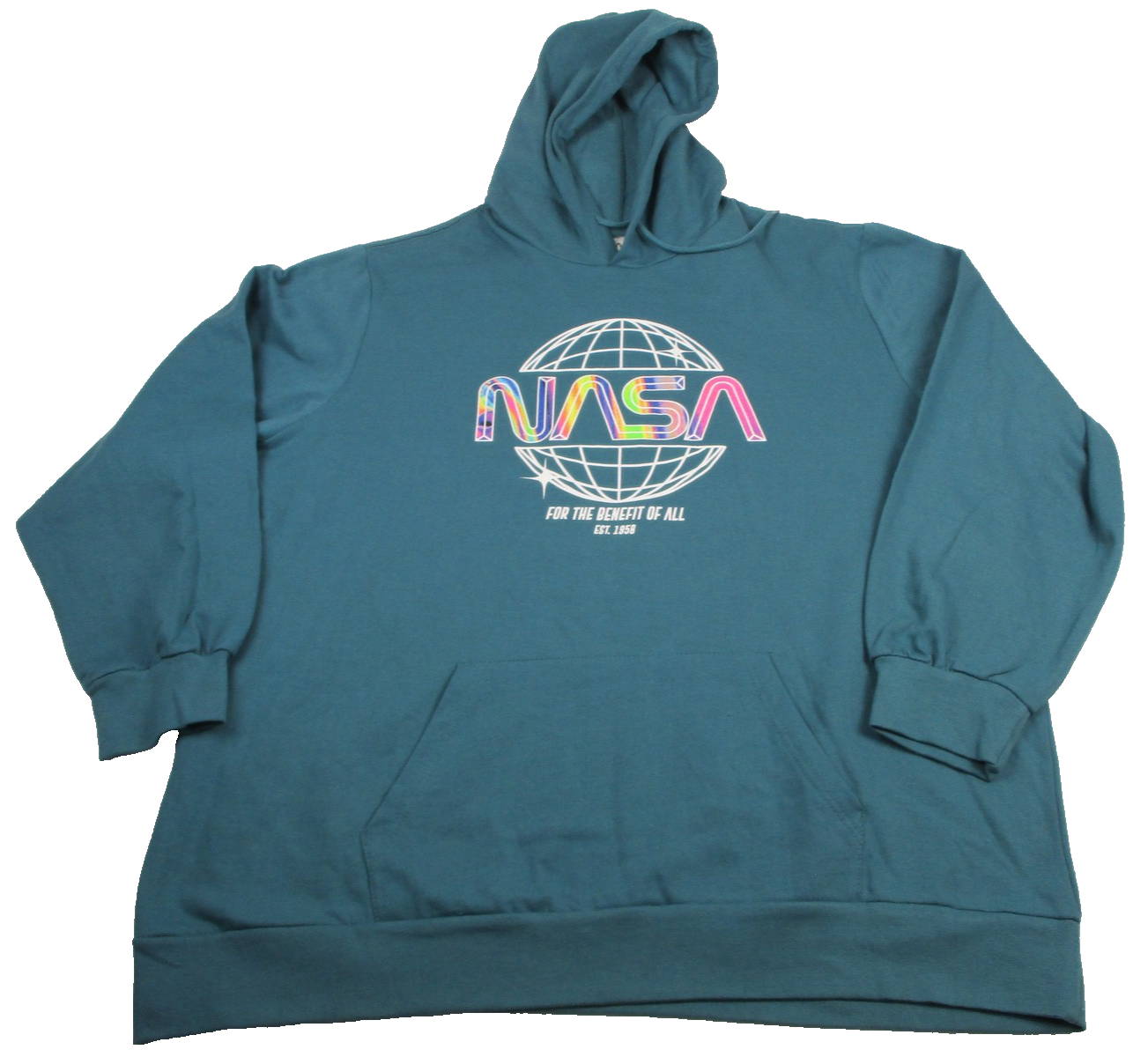 NASA Hoodie Mens 3XL Blue Rainbow Globe Logo Graphic Pullover Fleece Space 13320