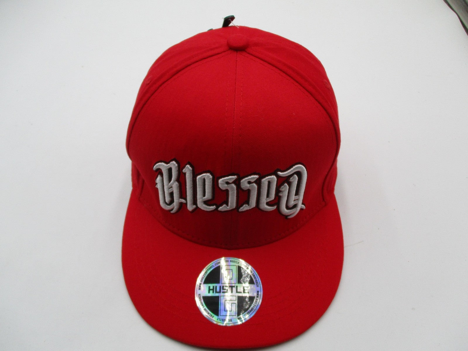 Hustle Blessed Hat Cap Snap Back Mens One Size Red Gothic Script Embroidered9