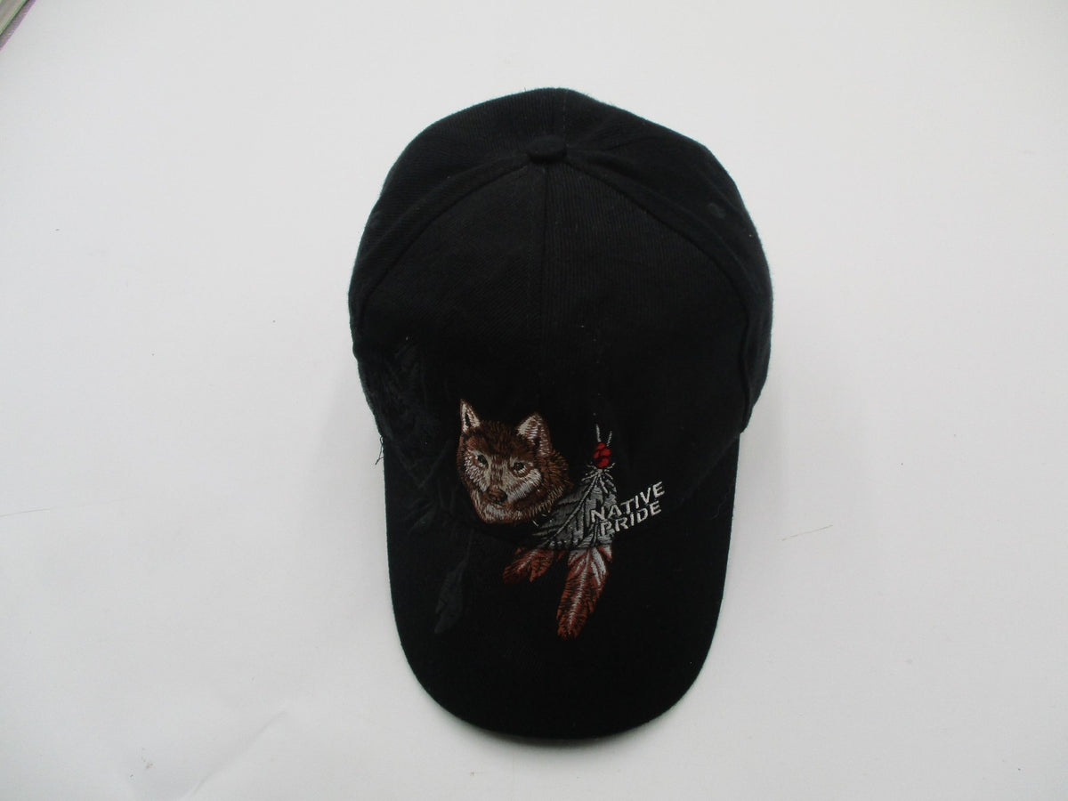 Native Pride Hat Cap Strap Back Mens One Size Black Wolf Feathers Embroidered10