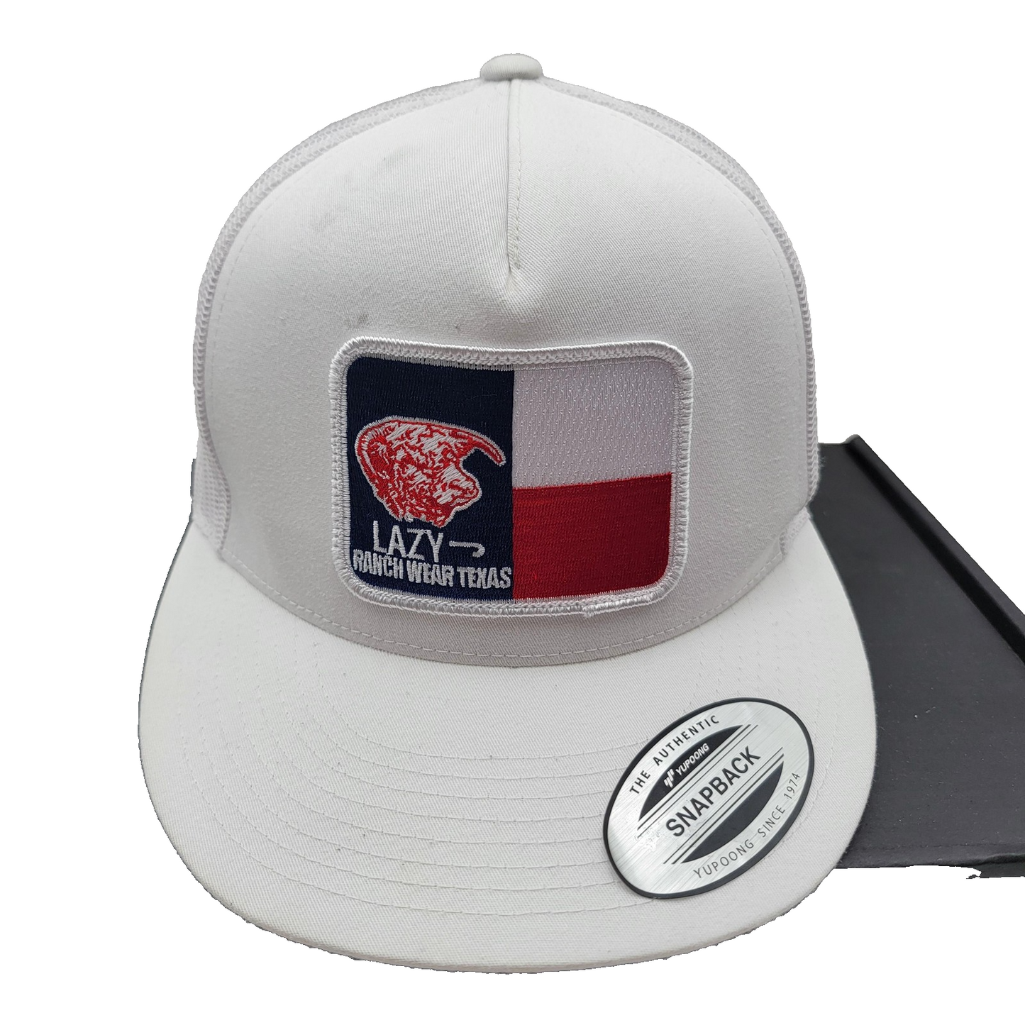 Lazy J Ranch Wear Texas White Snapback Hat Yupoong Mesh Trucker Cap Preowned0