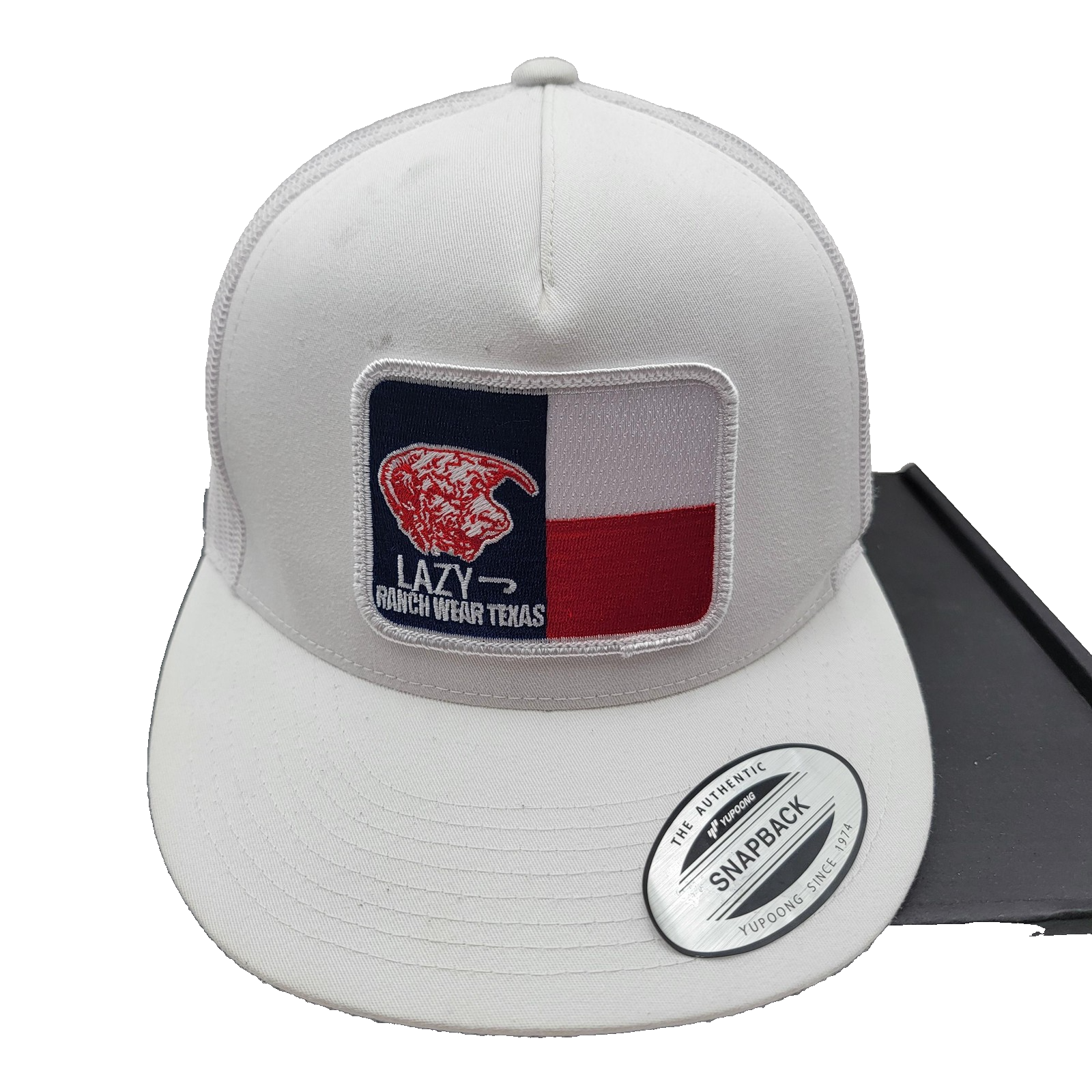 Lazy J Ranch Wear Texas White Snapback Hat Yupoong Mesh Trucker Cap Preowned0