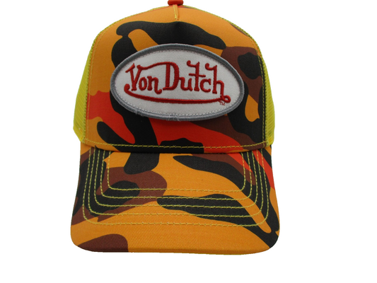 Von Dutch Hat Cap Snap Back Mens One Size Orange Yellow Camo Trucker Mesh0