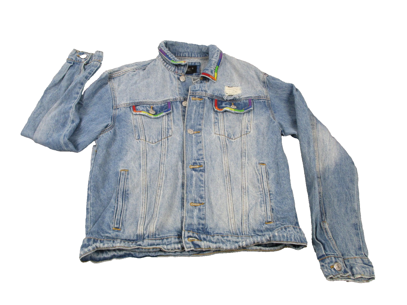 Forever 21 Denim Jacket Mens Medium Light Wash Trucker Rainbow Trim