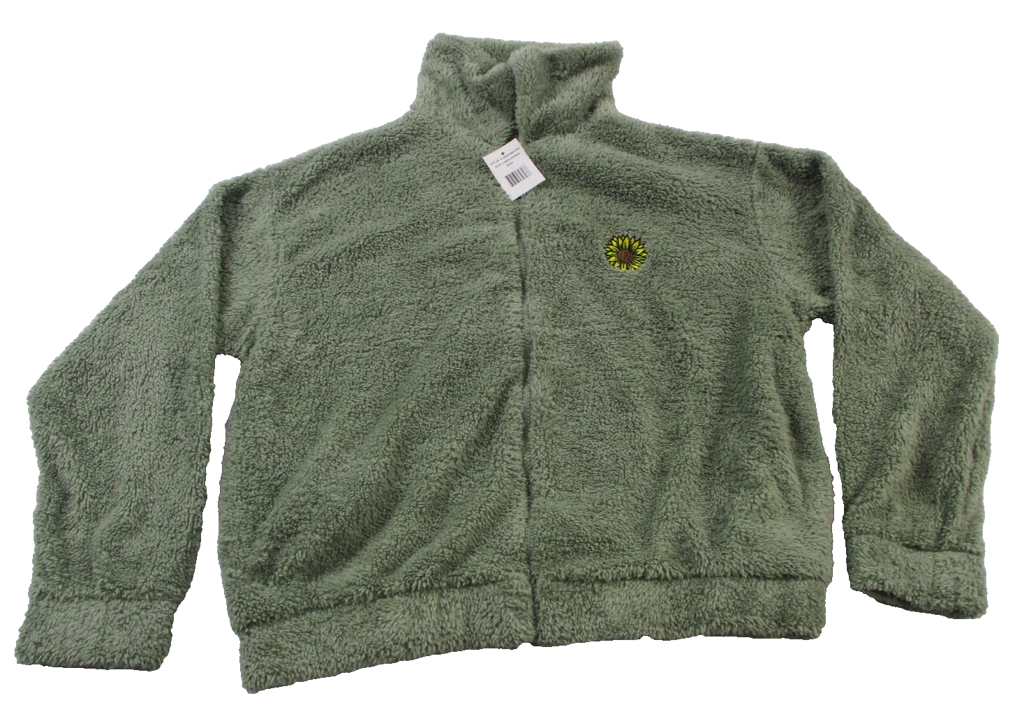 Cut & Paste Sunflower Sherpa Jacket Womens Medium Green Fleece Embroidered 13390