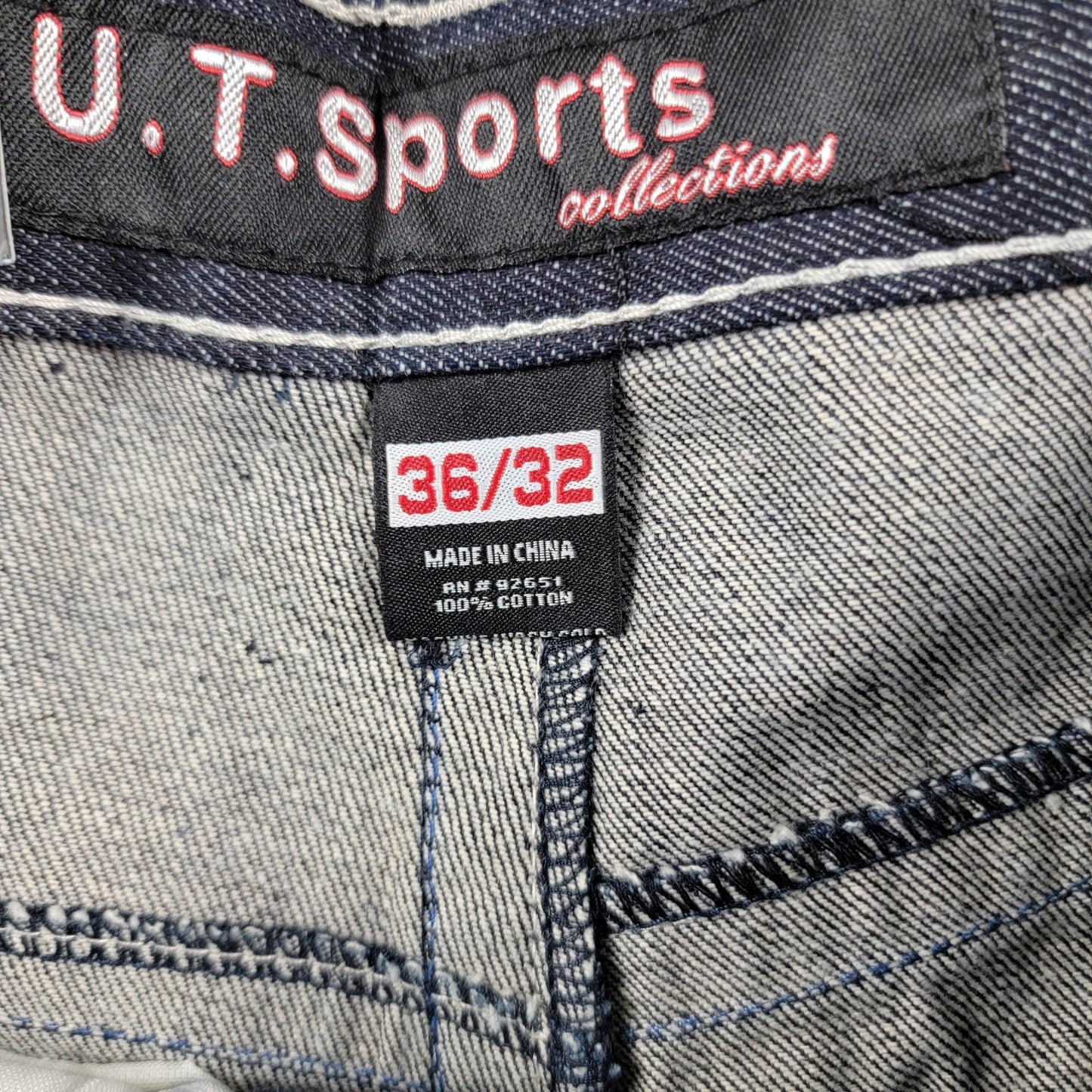U.T Sports Mens 36x32 Blue Denim Straight Leg Belted Embroidered Pockets