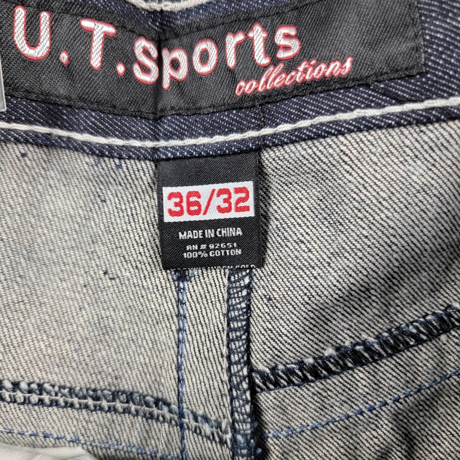 U.T Sports Mens 36x32 Blue Denim Straight Leg Belted Embroidered Pockets