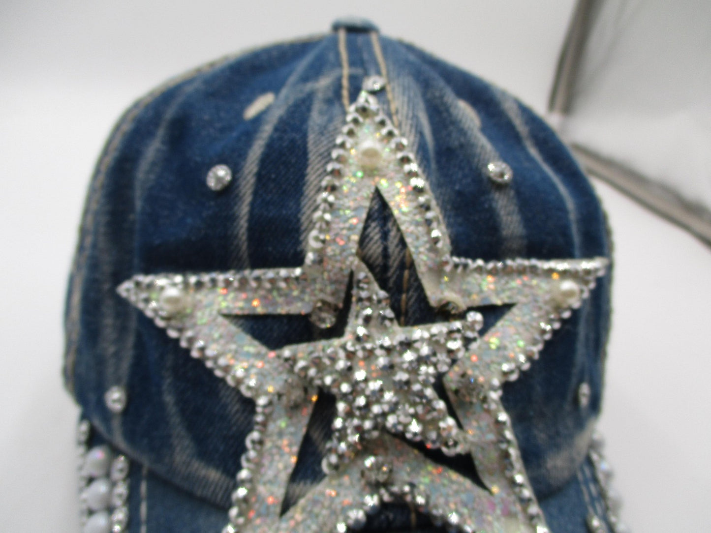 Rhinestone Star Hat Cap Strap Back Blue Denim Beaded Pearl Adjustable Womens2