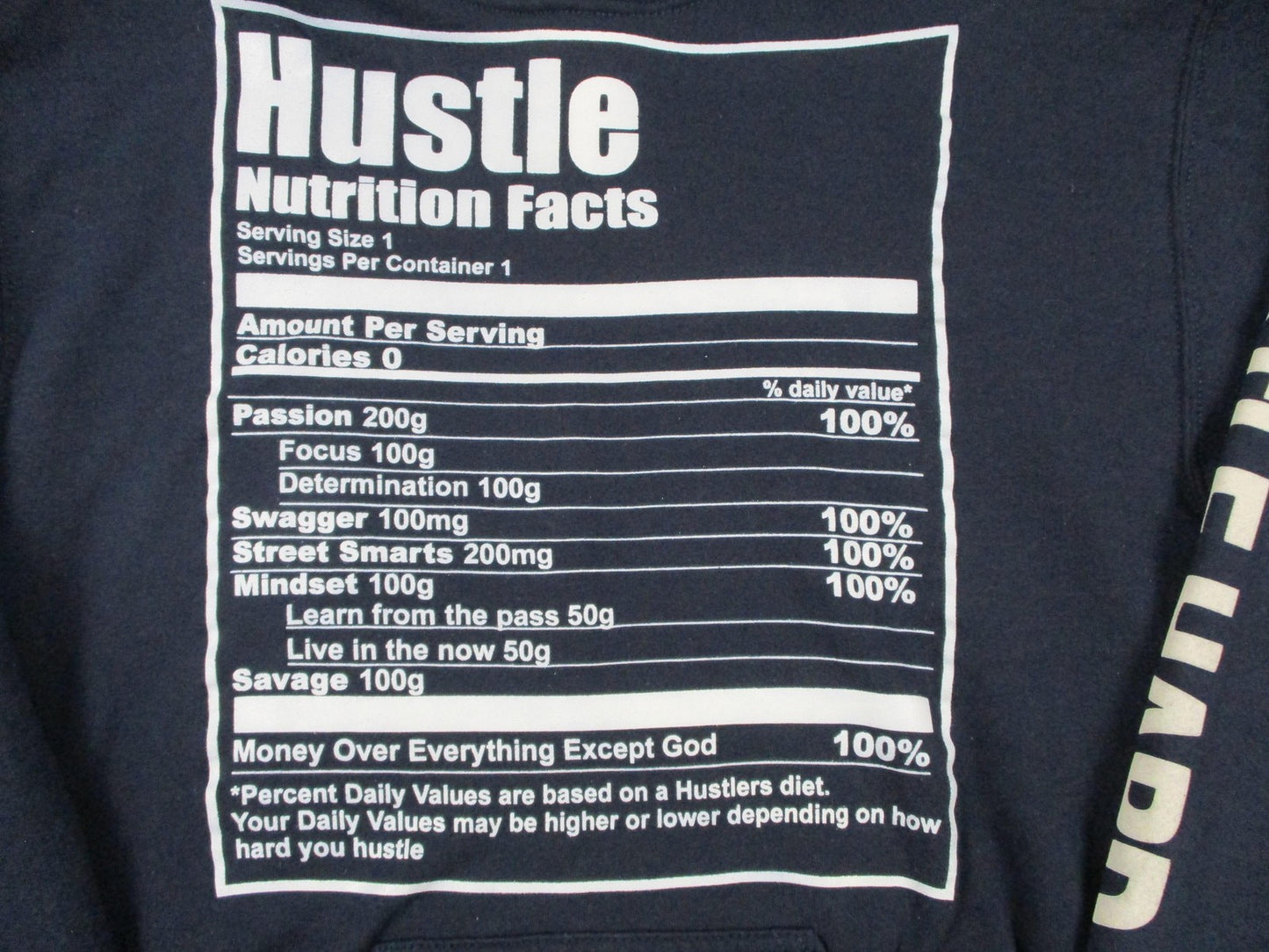 Gildan Heavy Blend Hoodie Men's Small Navy Hustle Nutrition Facts Graphic