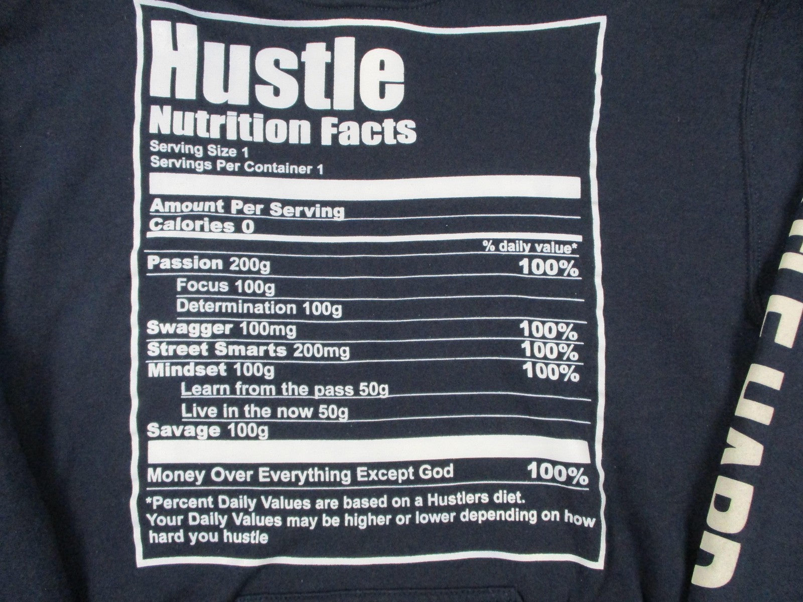 Gildan Heavy Blend Hoodie Men's Small Navy Hustle Nutrition Facts Graphic