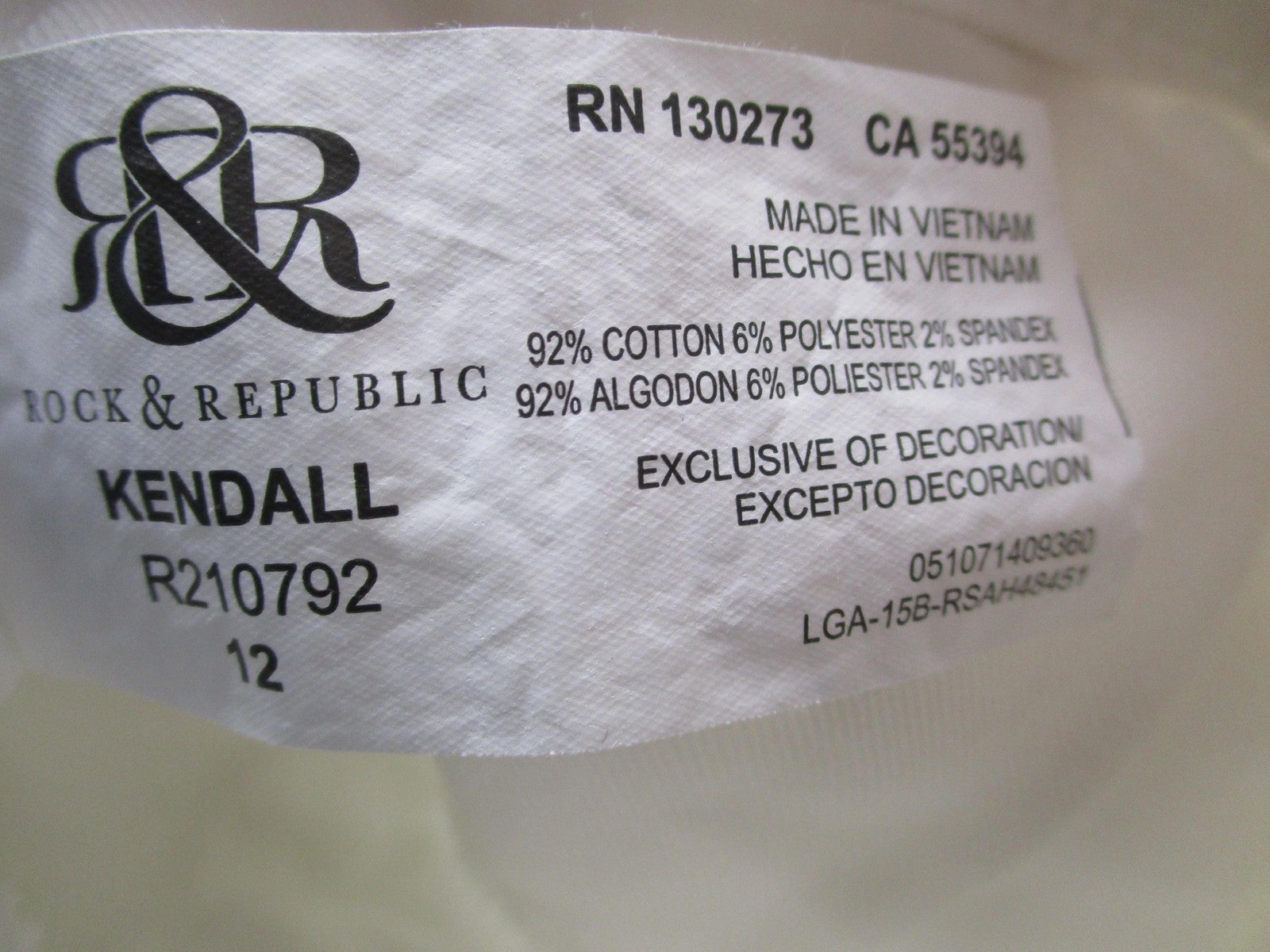 Rock & Republic Kendall Jeans Womens 12 White Straight Leg Stretch Denim 14396