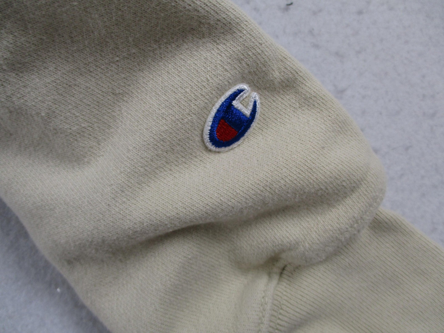 Vintage Champion Reverse Weave Hoodie Mens Small Beige Pullover Sweatshirt Logo3