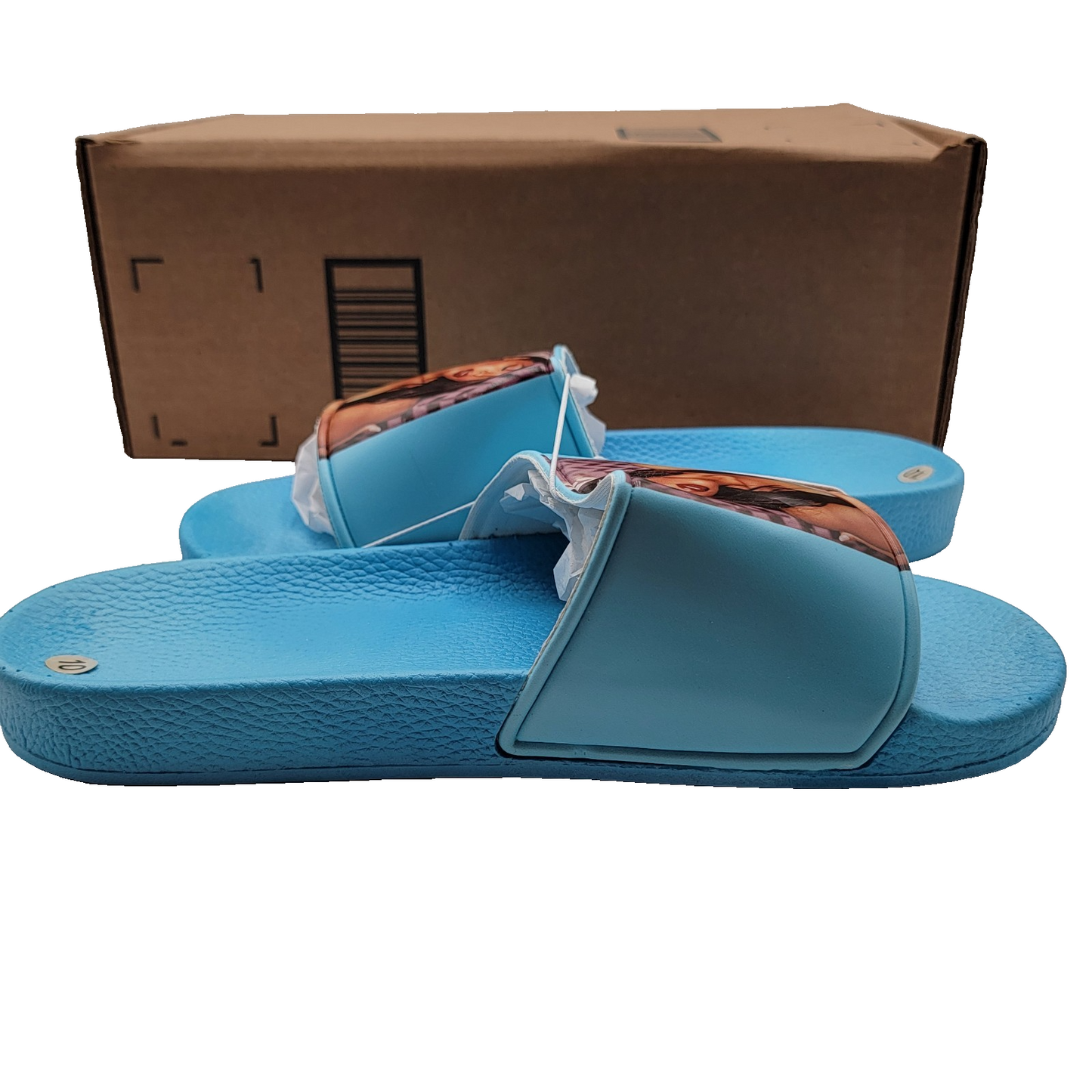 Aaliyah Blue Slide Shoes Mens Size 10 Graphic Slip On Sandals Hip Hop Art
