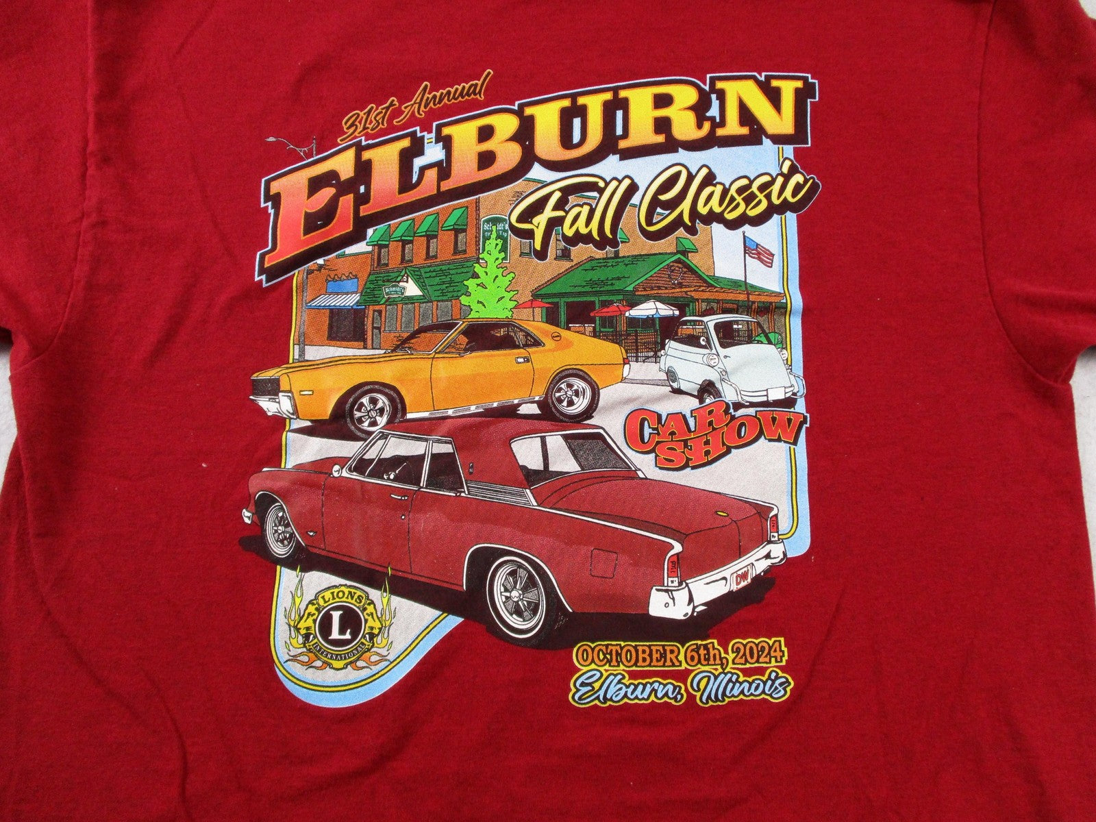 Elburn Fall Classic Car Show Shirt Mens XL Red Lions Club 2024 Tee Illinois9