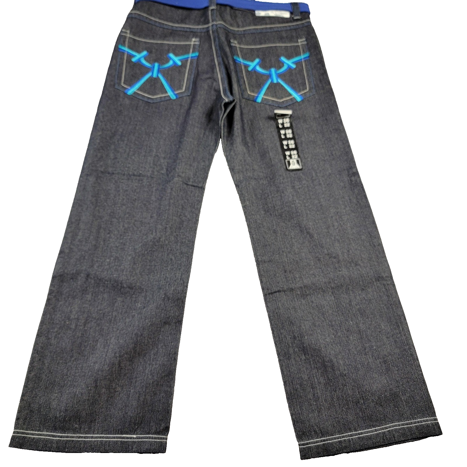 U.T Sports Mens 36x32 Blue Denim Straight Leg Belted Embroidered Pockets