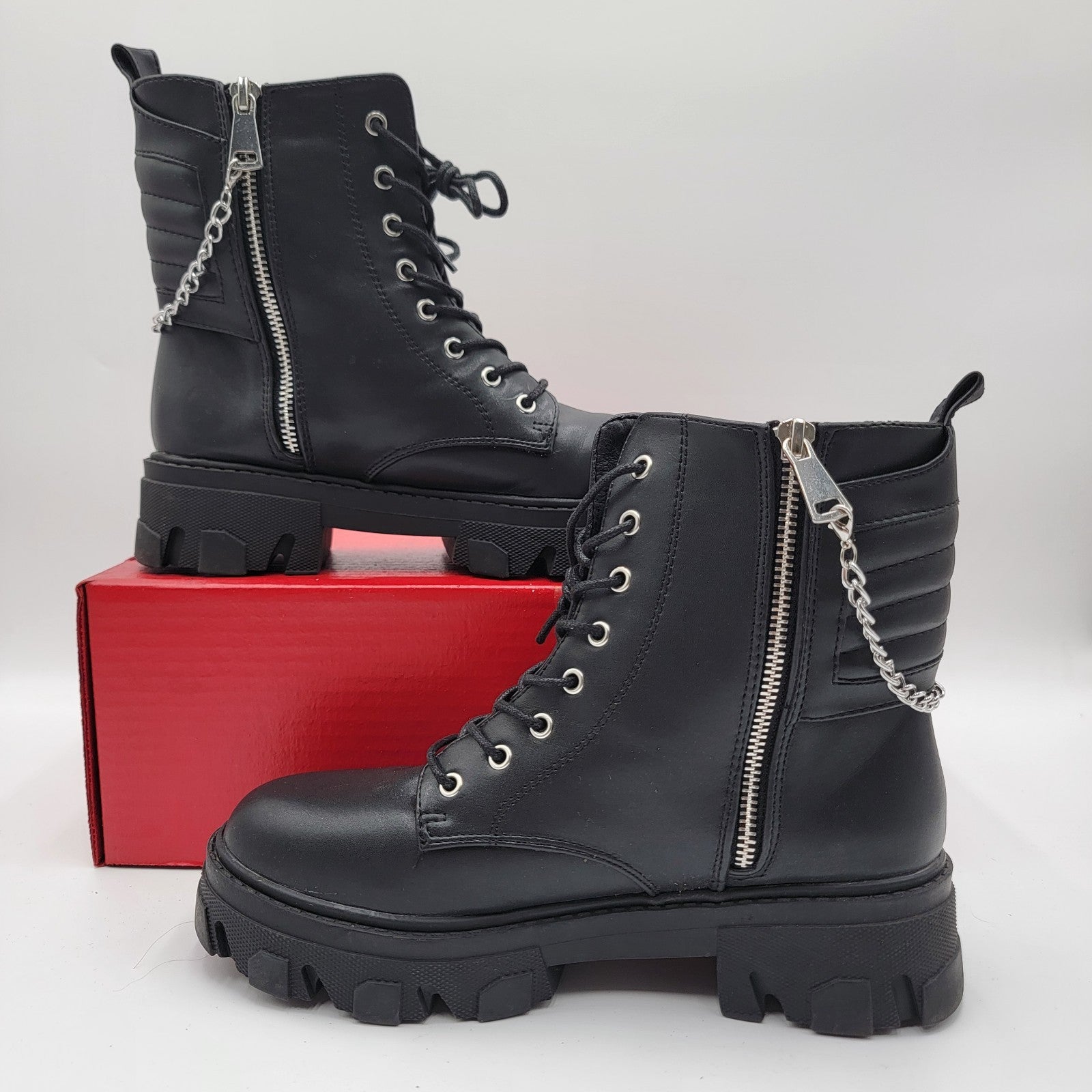 Fashion Nova Combat Boots Women 8.5 Black Lace Up Zip Chain Chunky Lug Sole