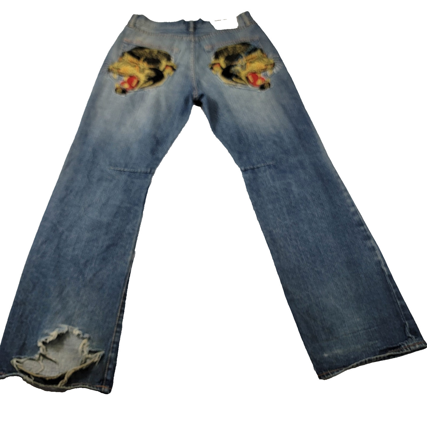 Ed Hardy Jeans Mens 34x34 Blue Denim Straight Leg Tiger Embroidery Distressed0