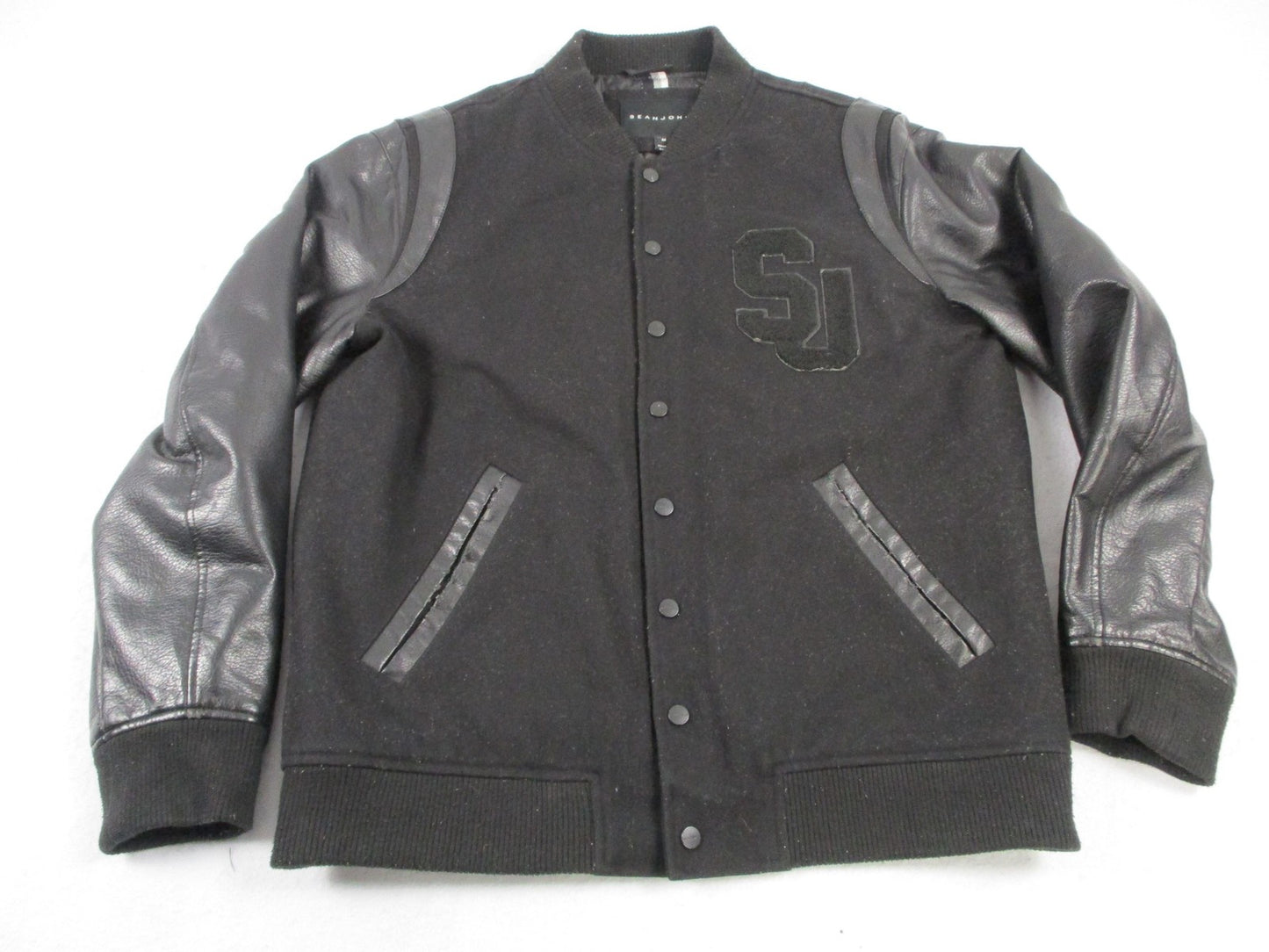 Sean John Jacket Mens Medium Black Wool Varsity Faux Leather Sleeves SJ Patch0