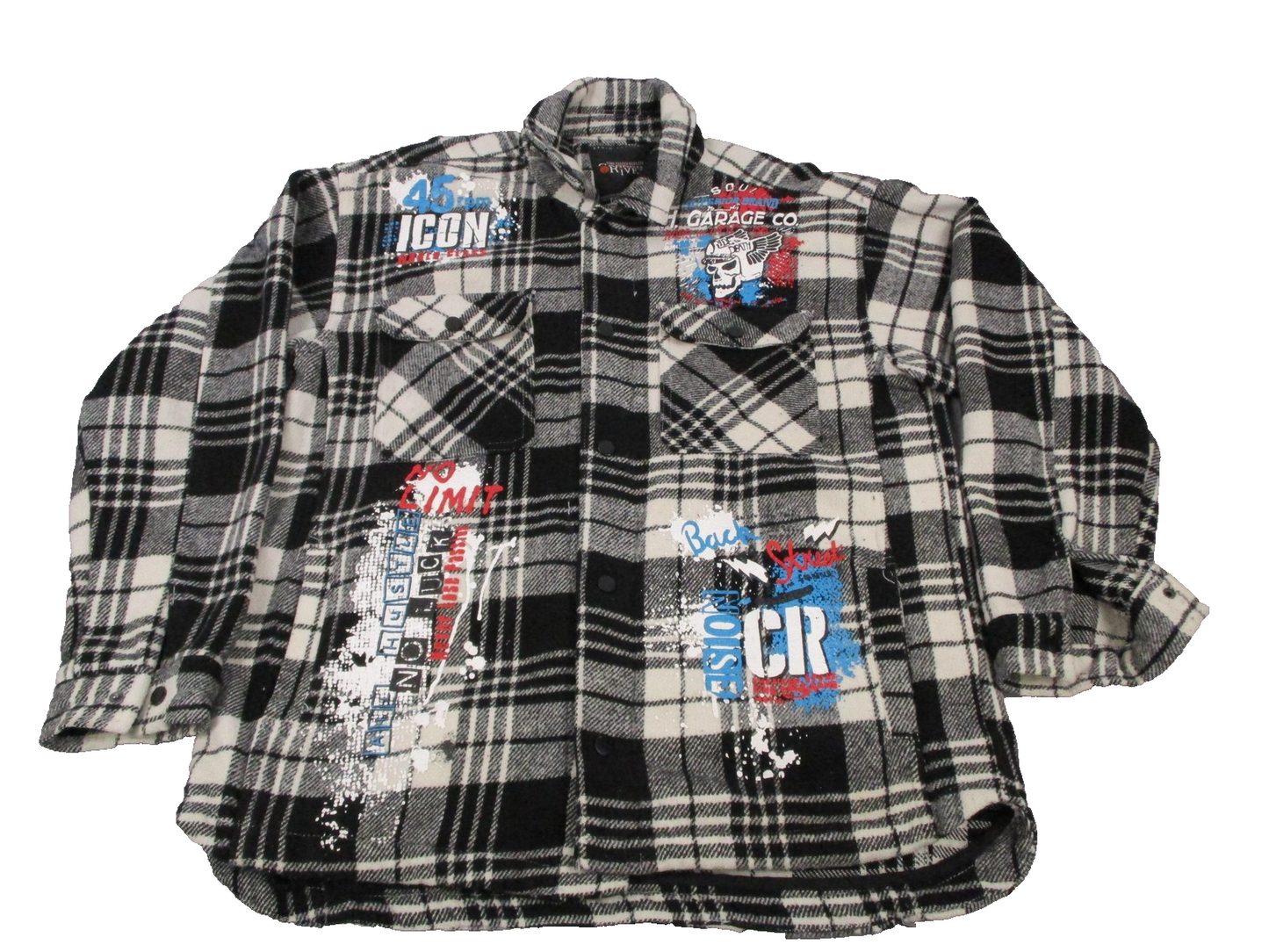 Copper Rivet Shirt Mens 2XL Black White Plaid Flannel Snap Front Graphic Shacket0