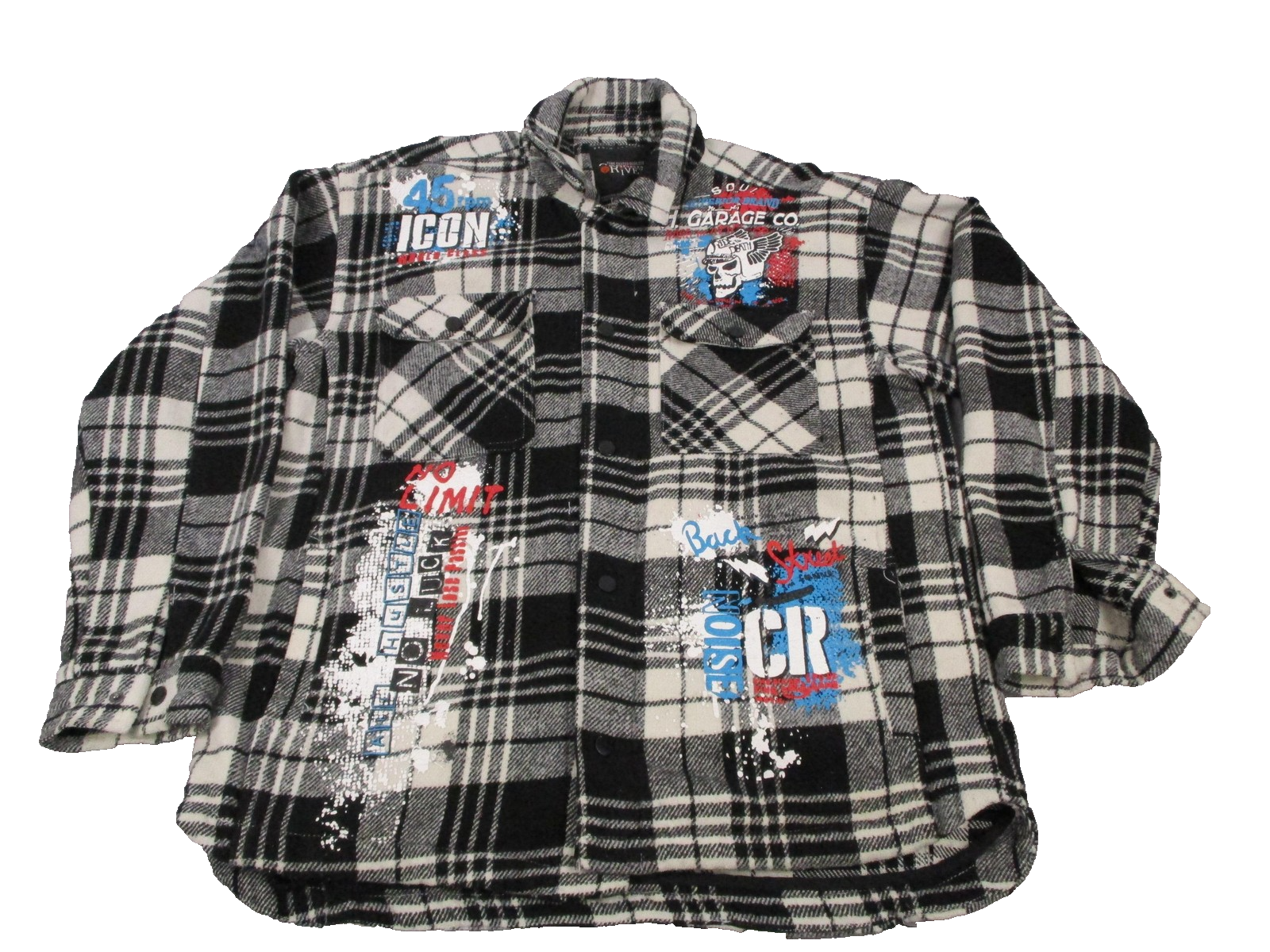 Copper Rivet Shirt Mens 2XL Black White Plaid Flannel Snap Front Graphic Shacket0