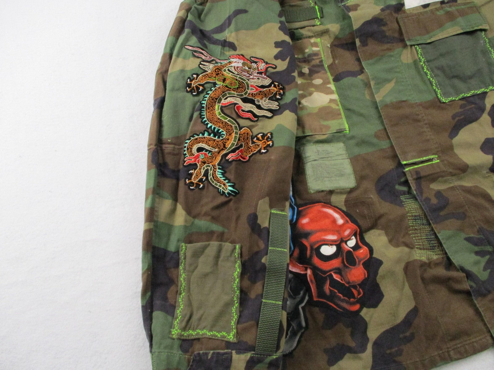 Aboves Garden Custom Jacket Mens XLT Green Camo Military Skull Dragon Patchwork3