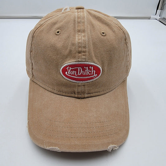 Von Dutch Distressed Denim Adjustable Dad Cap in Beige0