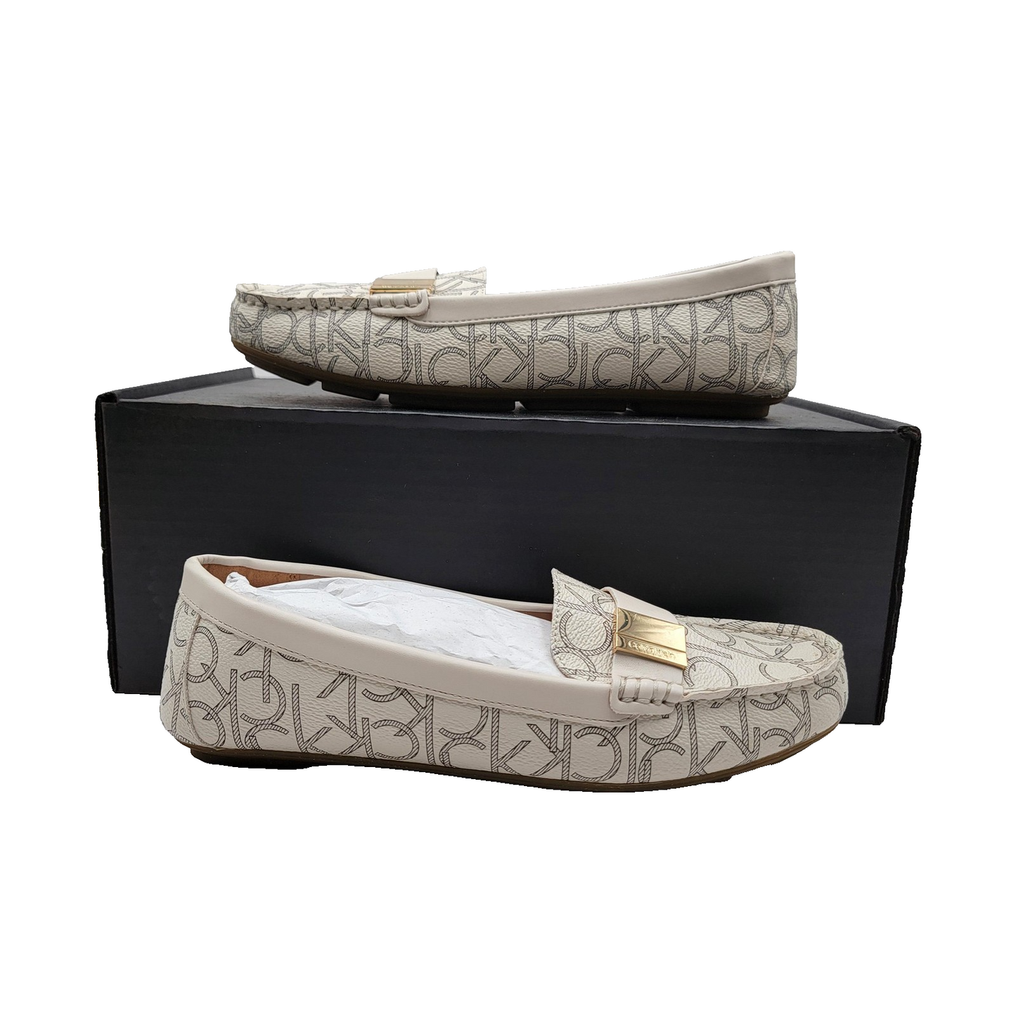 Calvin Klein Shoes Womens Size 9.5 Logo Loafers Beige White Lisa 34E9870