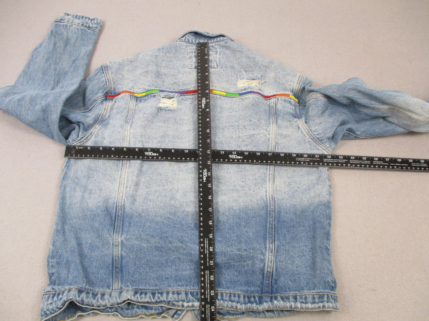 Forever 21 Denim Jacket Mens Medium Light Wash Trucker Rainbow Trim