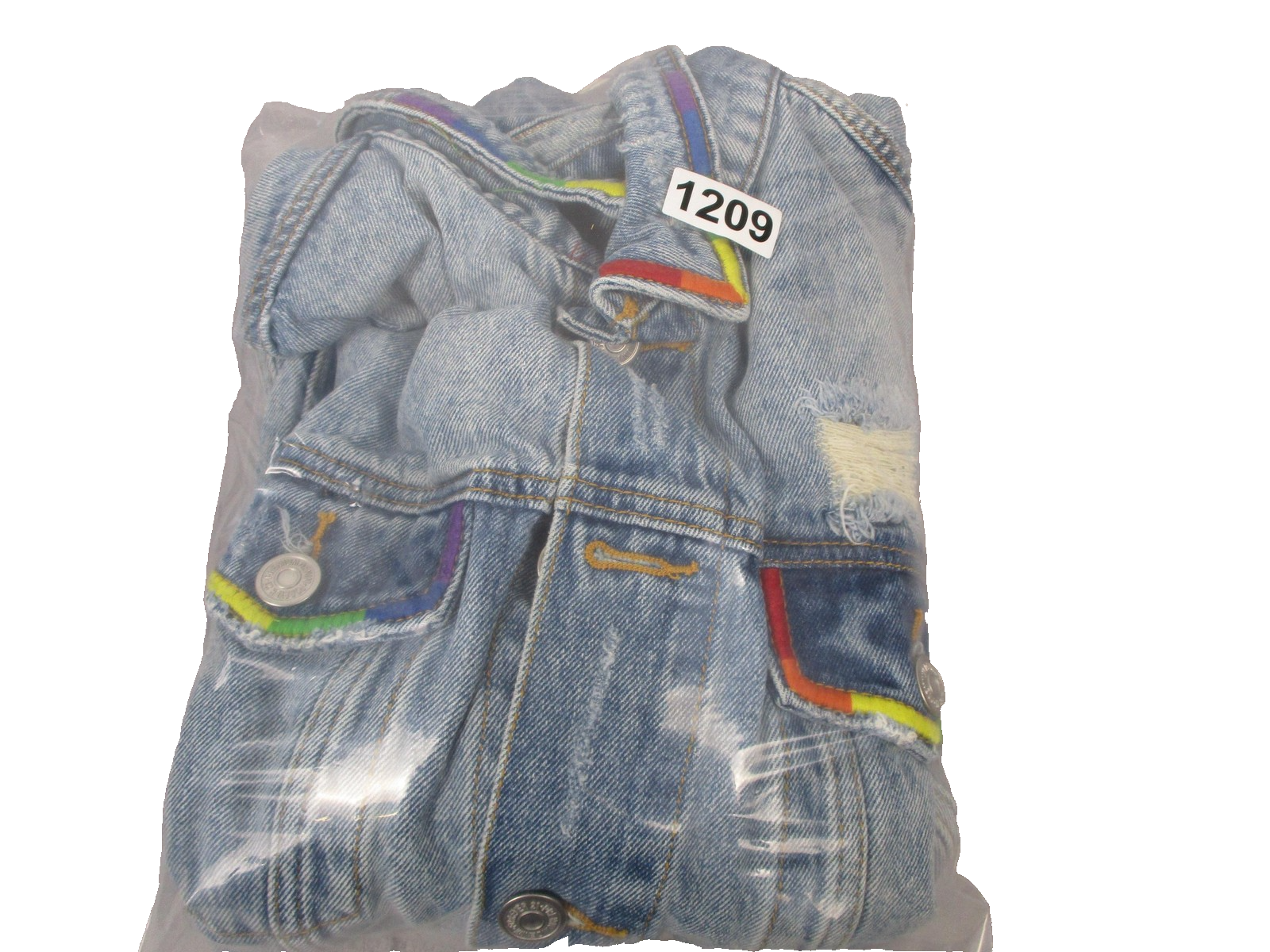 Forever 21 Denim Jacket Mens Medium Light Wash Trucker Rainbow Trim