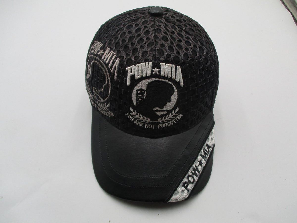 JWM POW MIA Hat Cap Strap Back Mens One Size Black Mesh Faux Leather Embroidered4