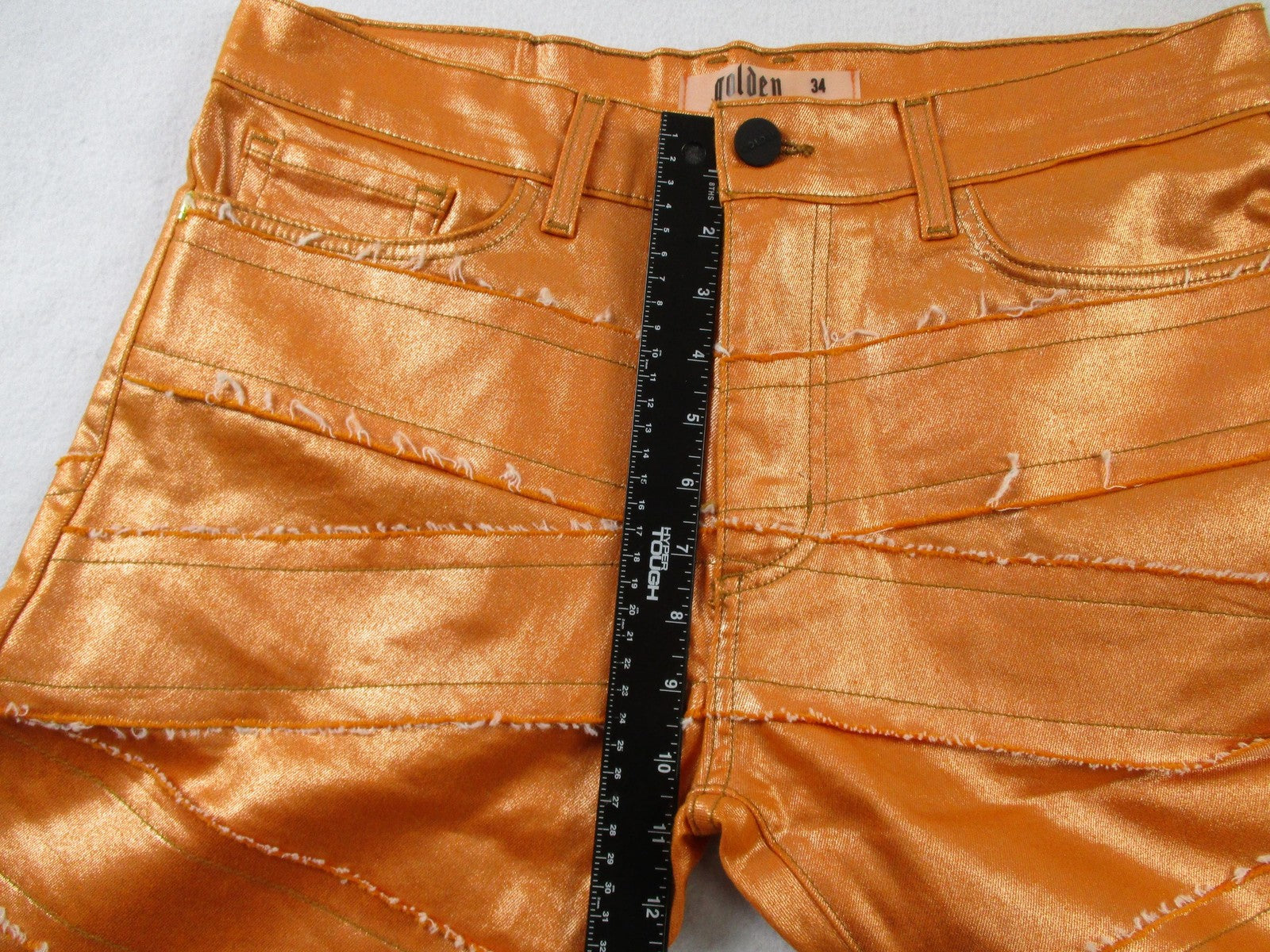 Golden Jeans Mens 34 Orange Metallic Flare Distressed Stretch Denim USA 14379