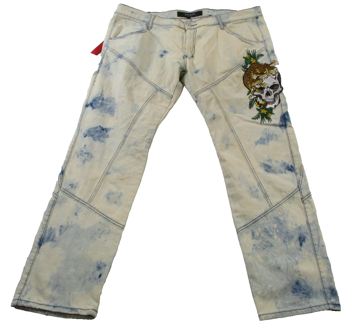Reason Jeans Mens 44 Slim Acid Wash Mulberry Moto Skull Denim Embroidered 14220