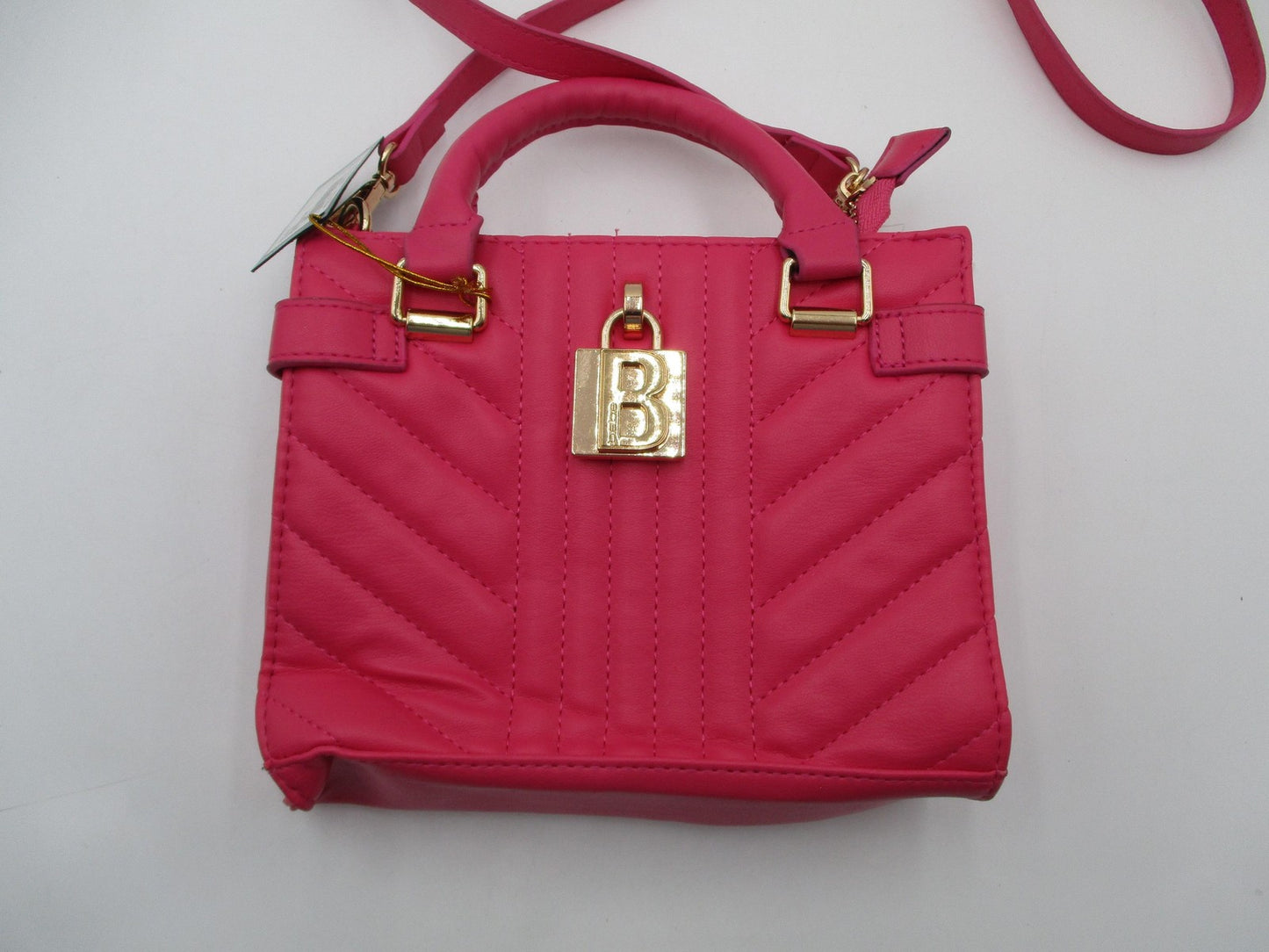 Bebe Satchel Bag Womens Mini Hot Pink Quilted Faux Leather Crossbody Purse Gold1
