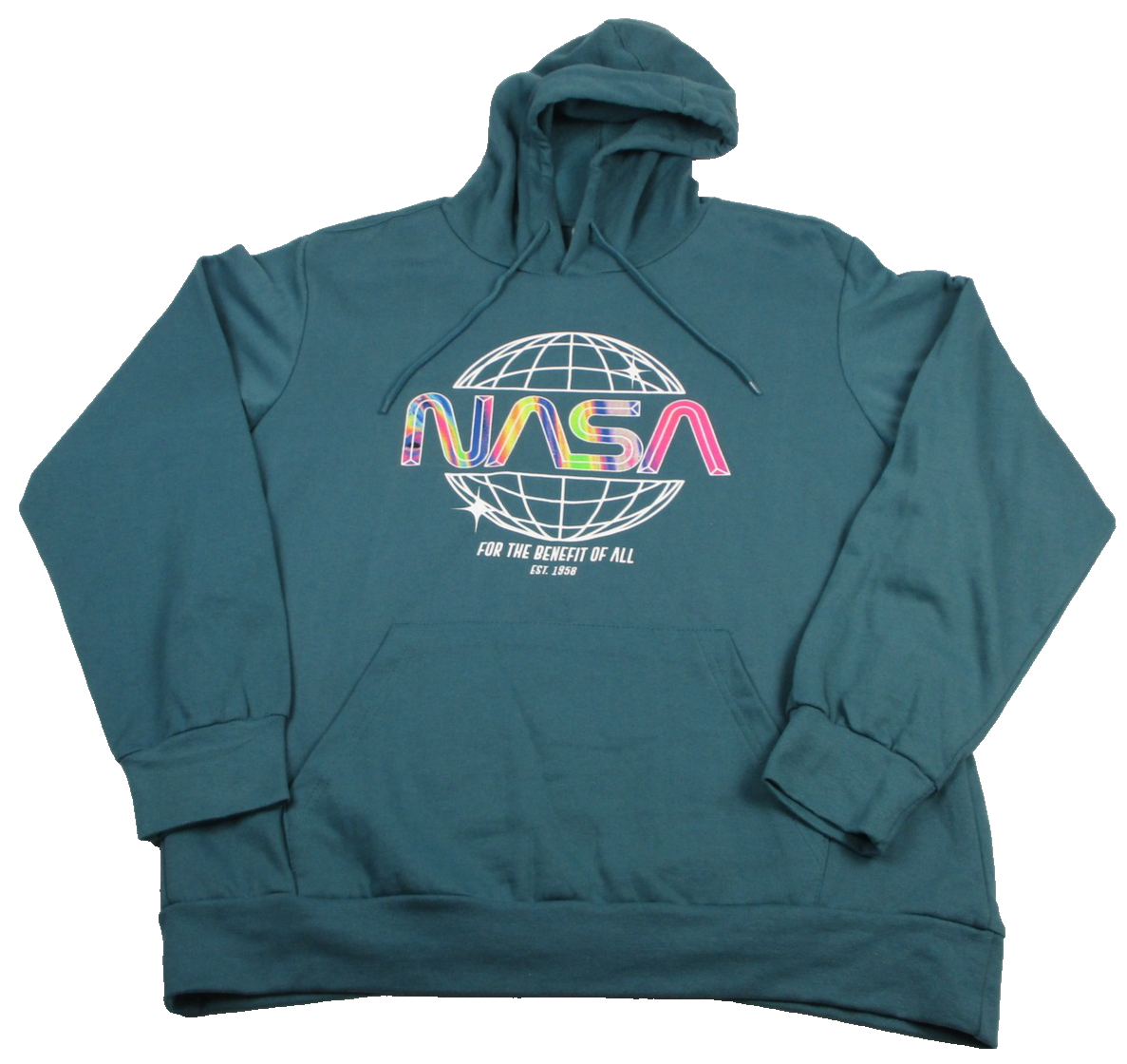 NASA Hoodie Sweatshirt Mens Medium Blue Globe Logo Rainbow Graphic Pullover 13310