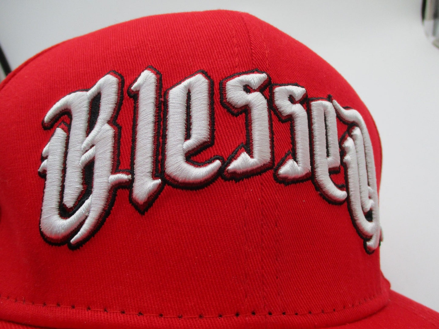 Hustle Blessed Hat Cap Snap Back Mens One Size Red Gothic Script Embroidered4