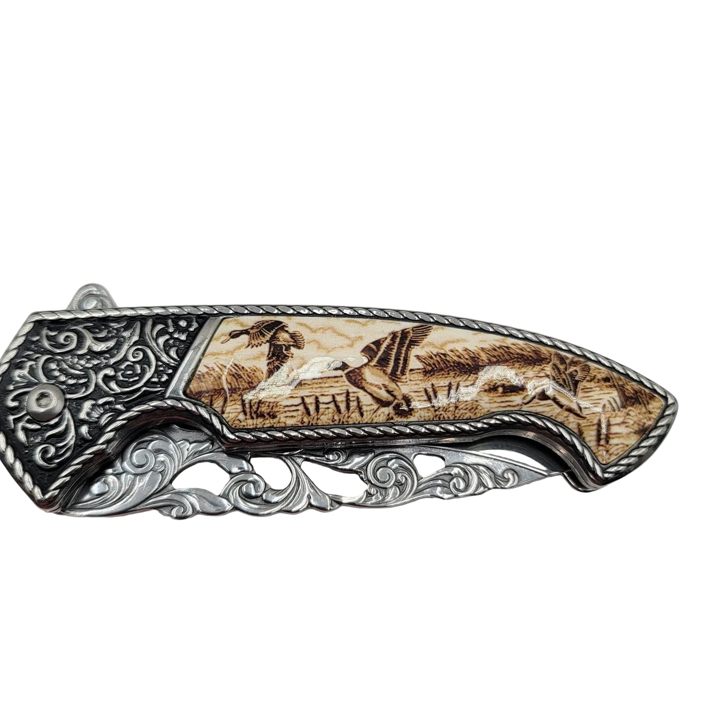 Hunting Ducks 4.5" Ivory Drop Point Collectible Folding Knife2