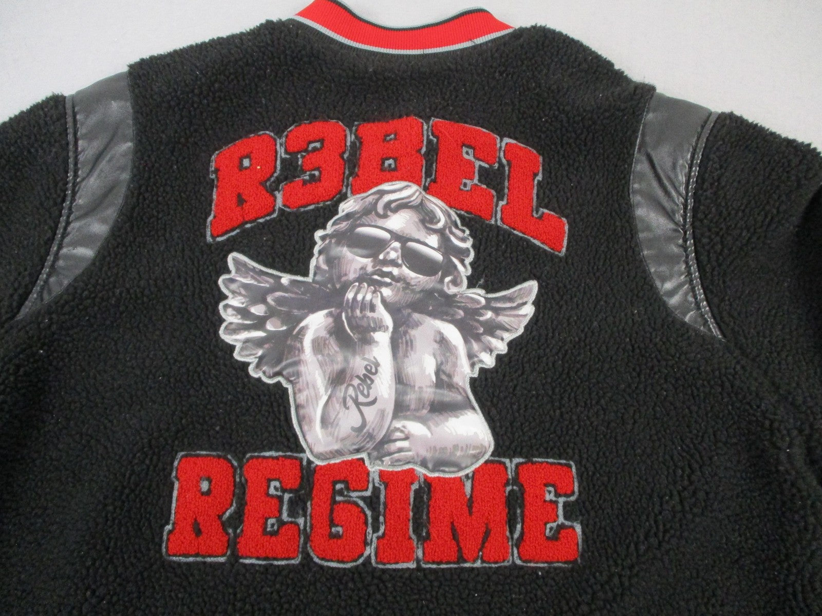 R3bel Regime Jacket Mens 2XL Black Sherpa Varsity Letterman Snap Front Patch8