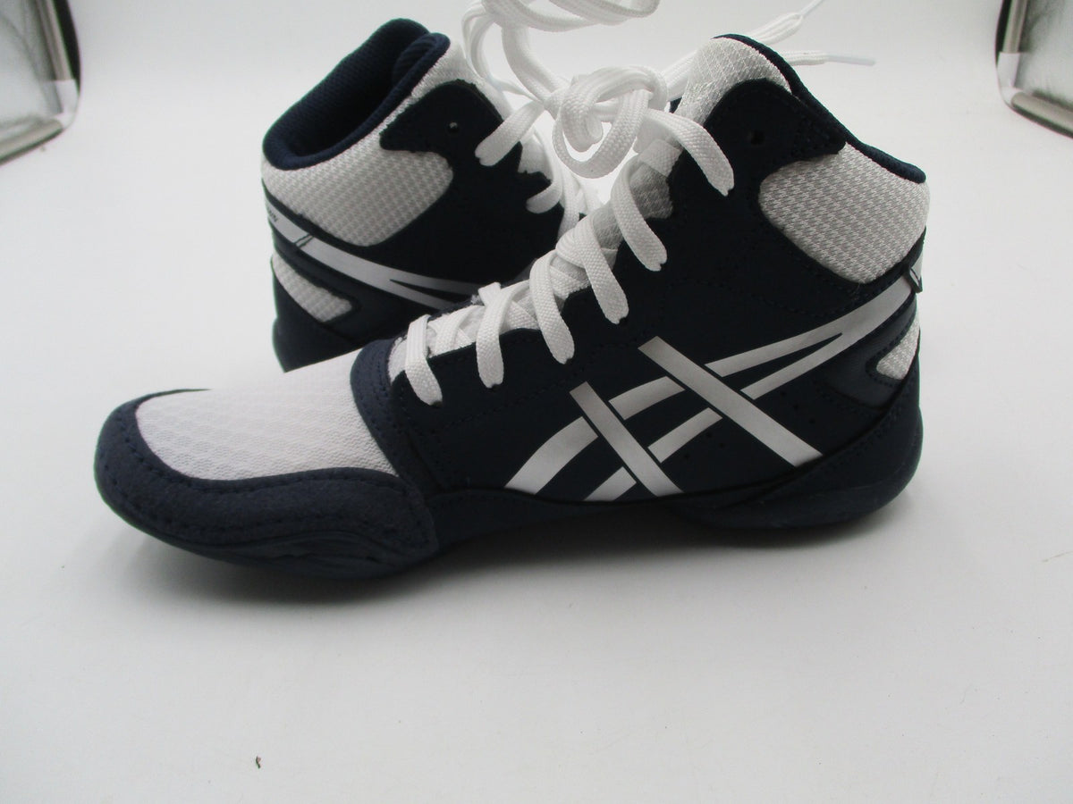 ASICS Snapdown Shoes Youth Size 3.5 White Navy Wrestling High Top 1084A0149