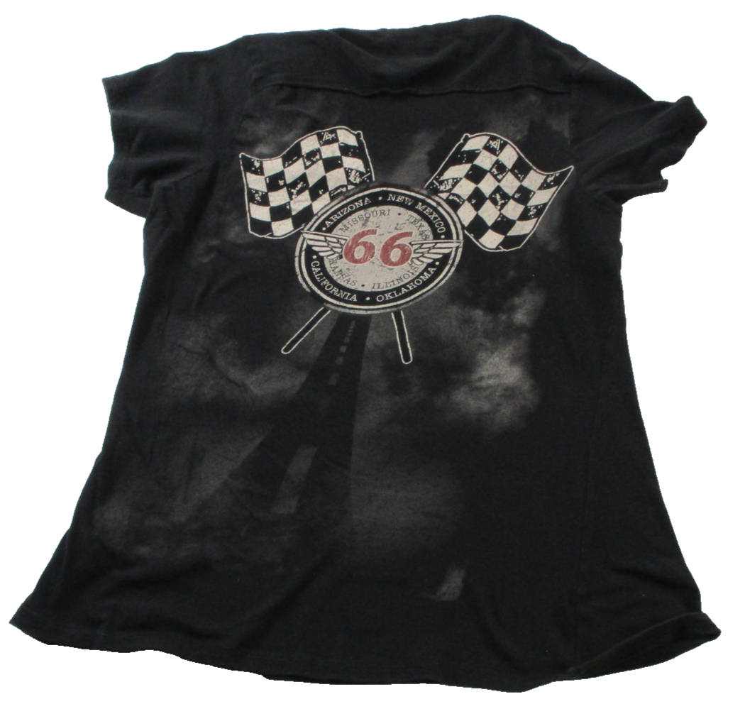 Shirt Womens Small Black Route 66 Rhinestone Graphic V Neck Short Sleeve Tee1
