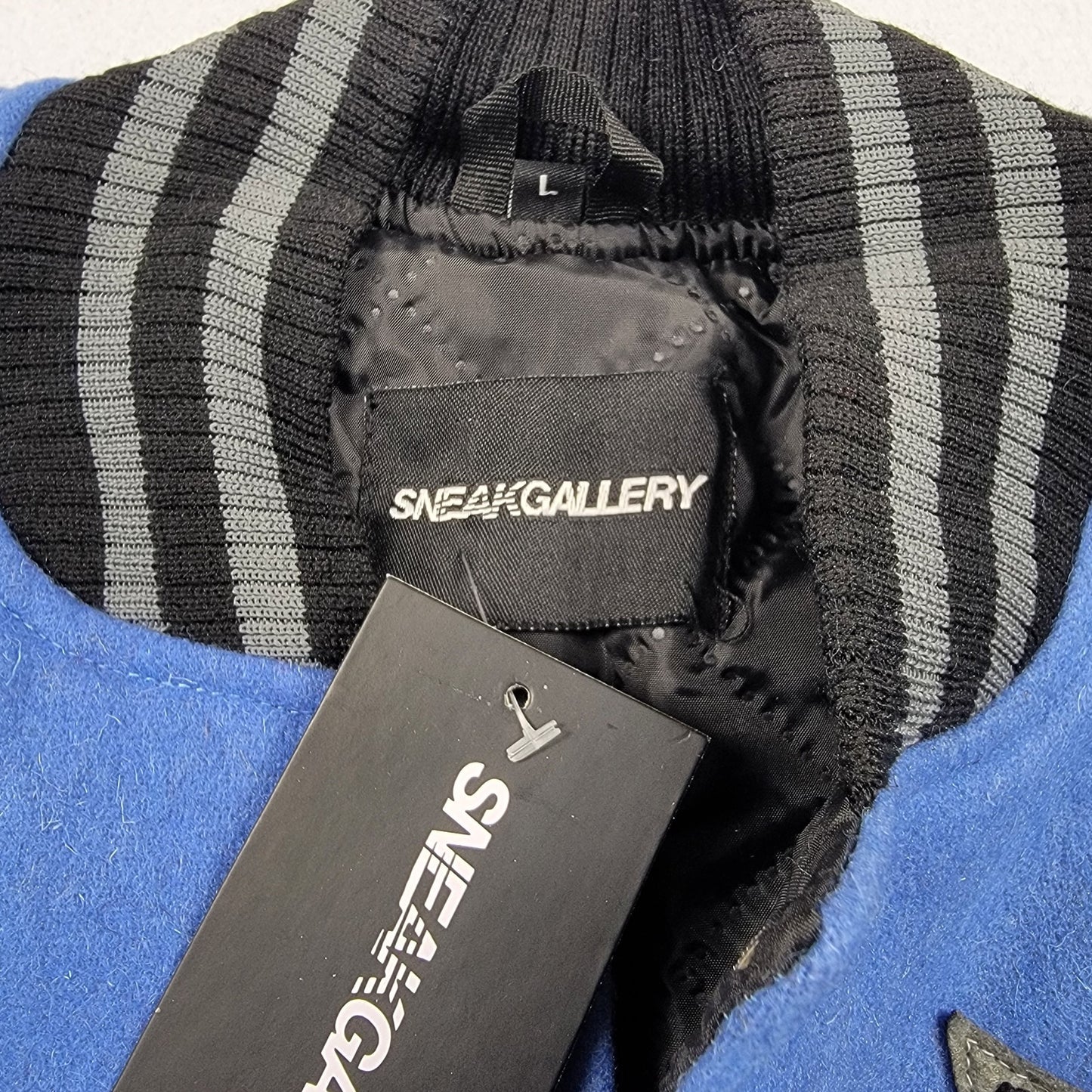 SneakGallery GOAT 23 Varsity Jacket Black Blue Leather Sleeves Size L NWT 7012