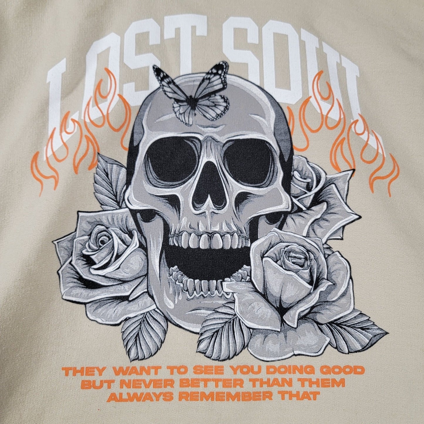 Lost Soul Skull Japanese Streetwear Hoodie Mens Sz L Beige